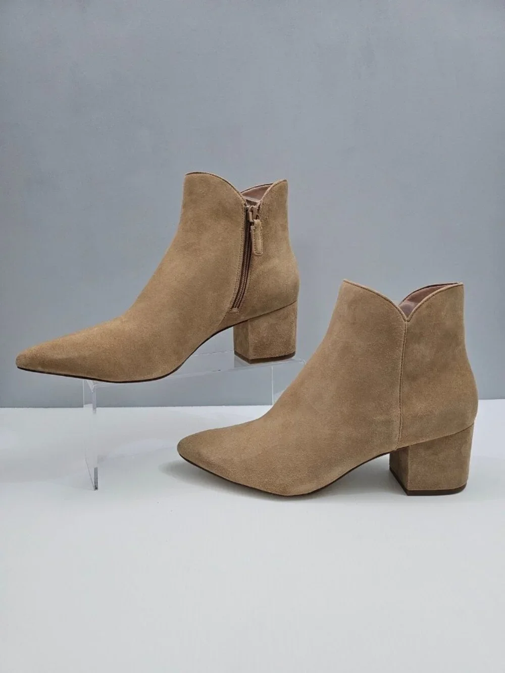Cole Haan Elyse Ankle Boot Womens 11 Tan Suede Block Heel Pointed Toe Minimal